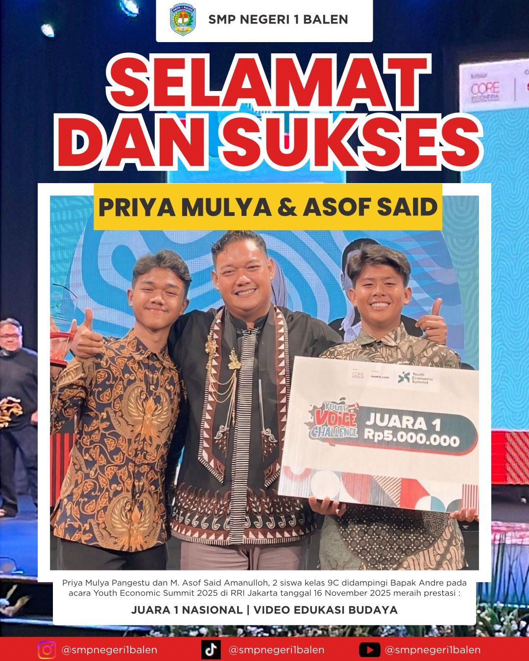 Youth Economic Summit 2025 : Andre dan 2 Muridnya Raih Juara 1 Nasional.